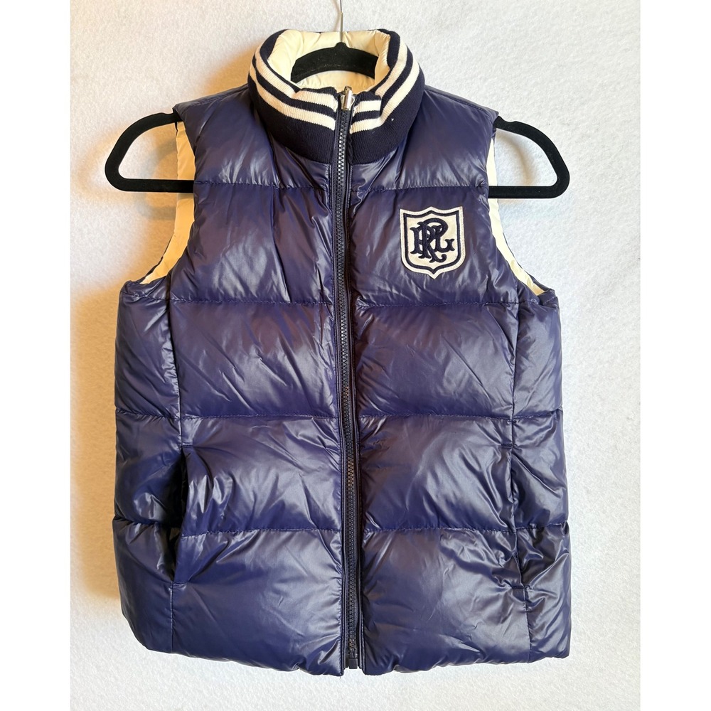 Polo Ralph Lauren Kids Reversible Down Puffer Vest Navy Blue Cream M 8-10